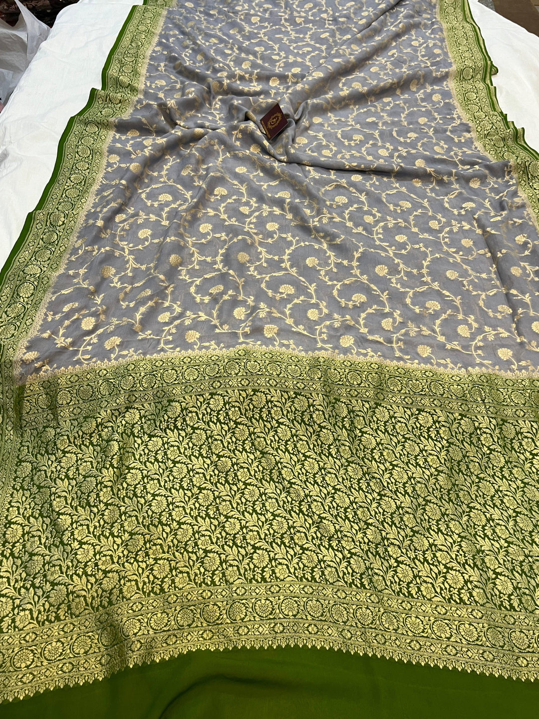 Pure Banarasi Khaddi Georgette Saree | Golden Zari Jaal | Aura Benaras