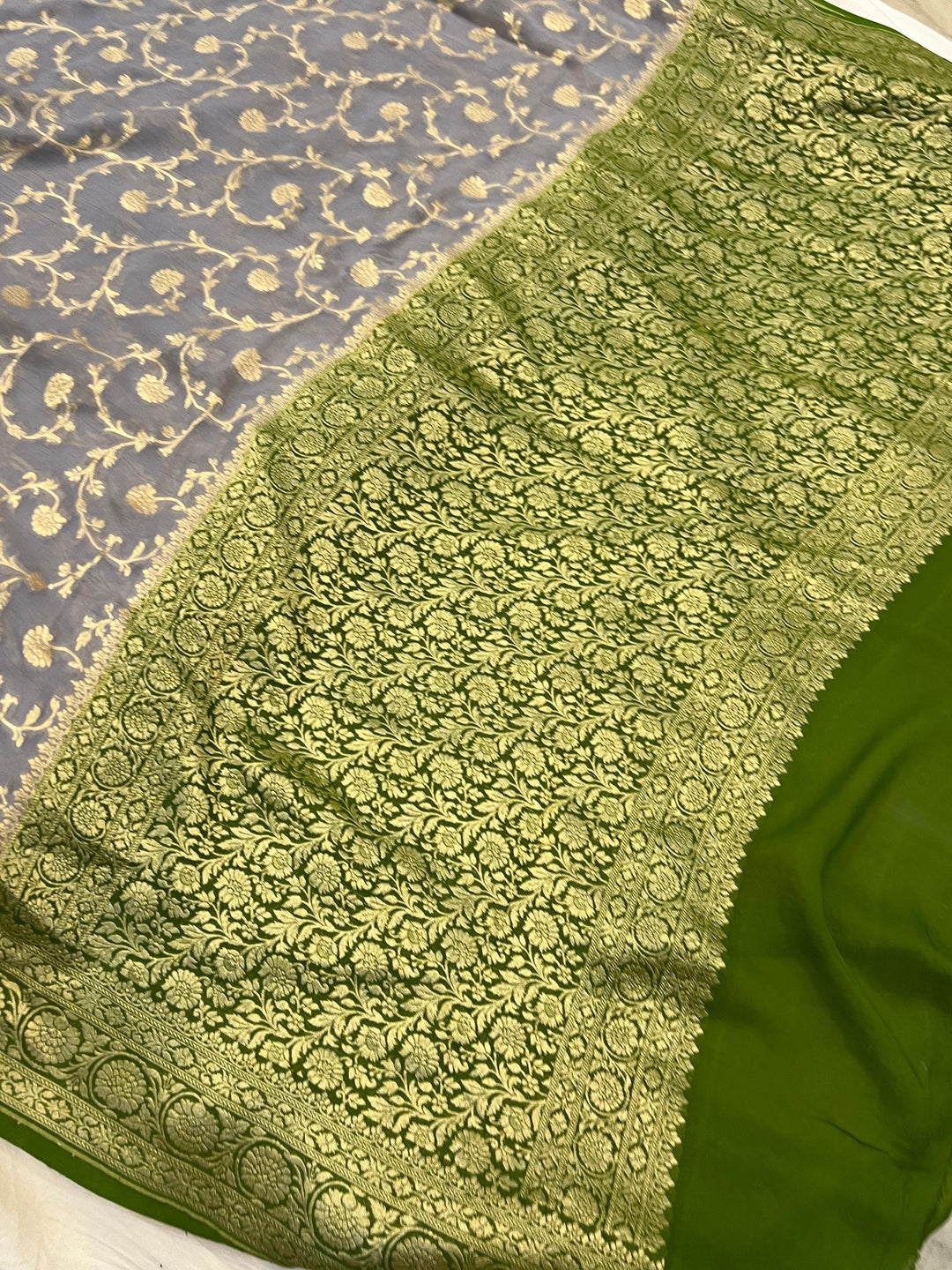 Pure Banarasi Khaddi Georgette Saree | Golden Zari Jaal | Aura Benaras