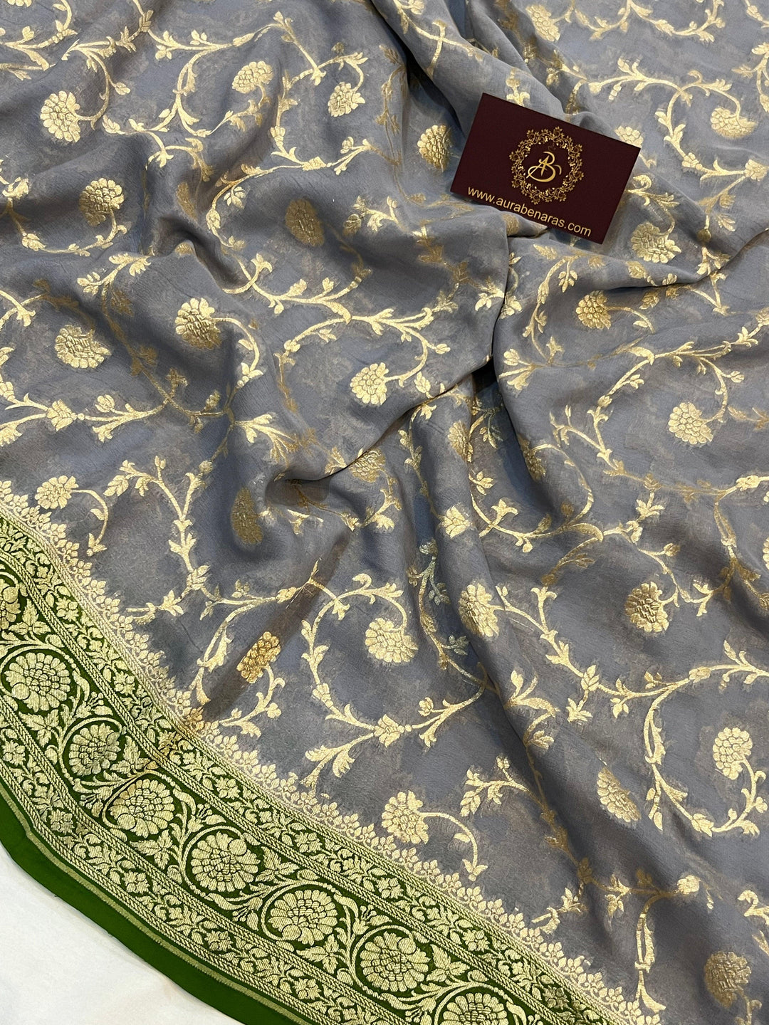 Pure Banarasi Khaddi Georgette Saree | Golden Zari Jaal | Aura Benaras