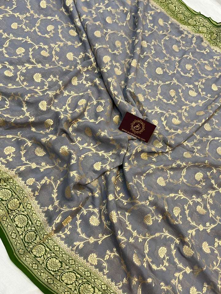 Pure Banarasi Khaddi Georgette Saree | Golden Zari Jaal | Aura Benaras