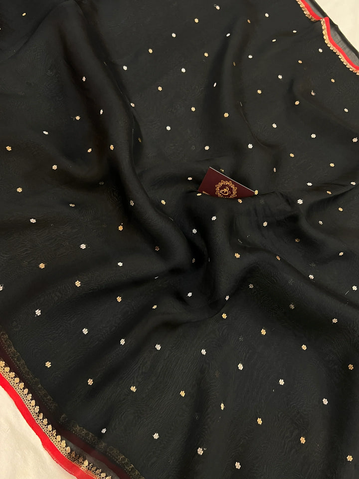 Black Kora Silk Banarasi Saree with Zari Butis 