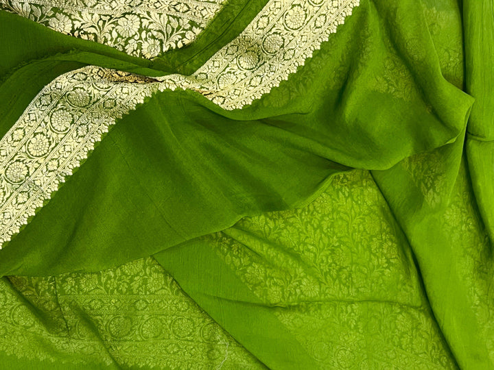 Pure Banarasi Khaddi Georgette Saree | Golden Zari Jaal | Aura Benaras