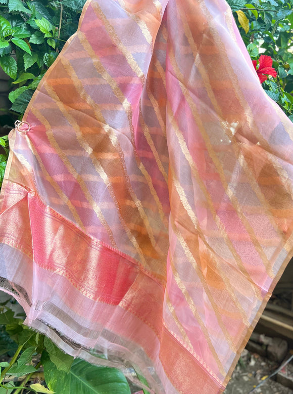 Pink Rangkaat Pure Banarasi Kora Silk Dupatta - Aura Benaras