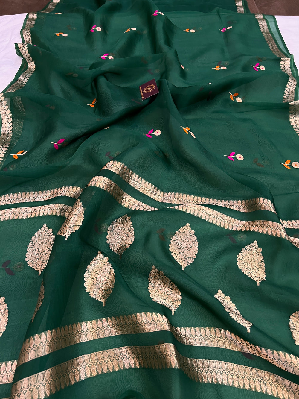 Bottle Green Pure Kora Silk Handloom Banarasi Saree
