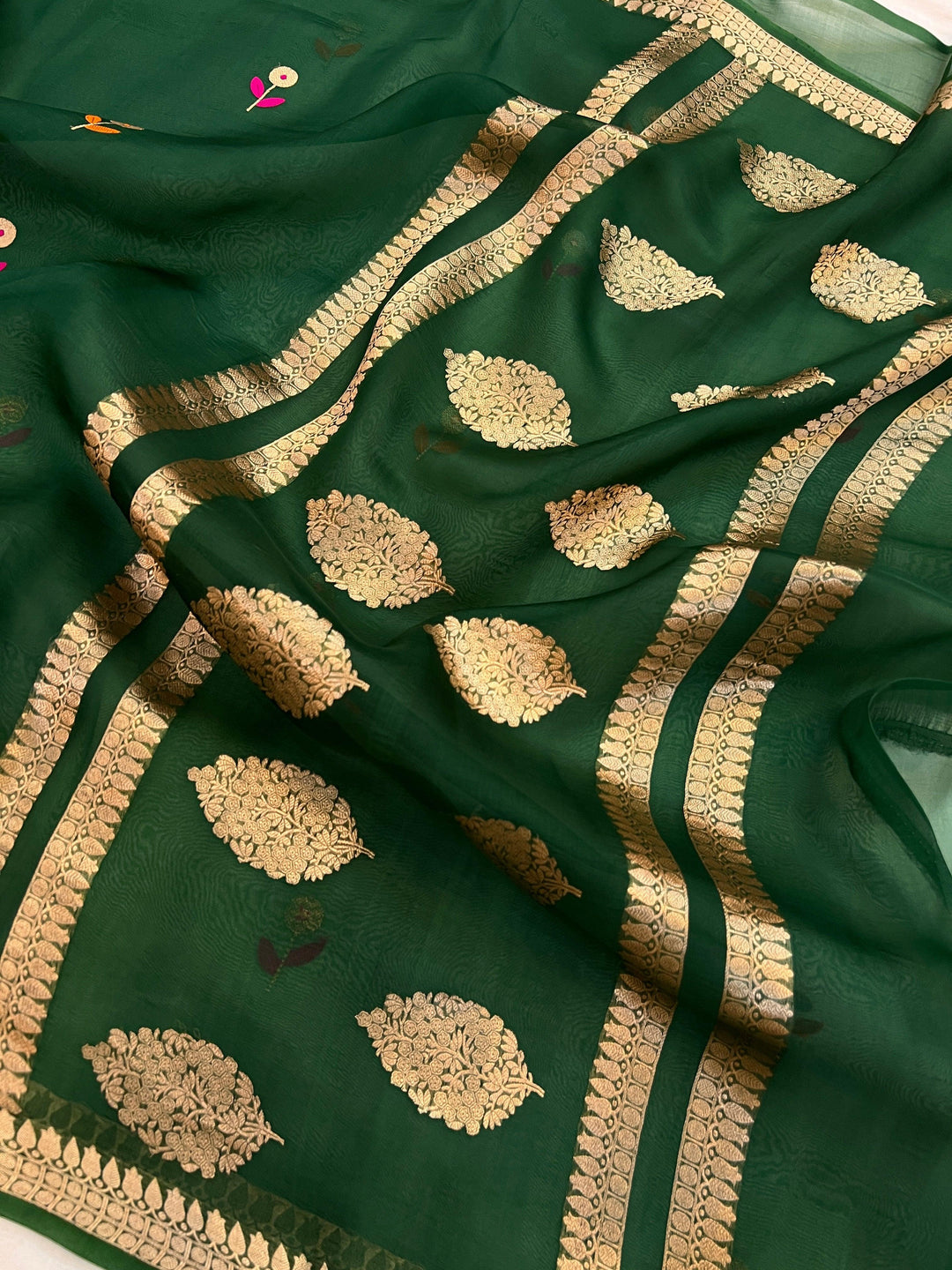 Bottle Green Pure Kora Silk Handloom Banarasi Saree