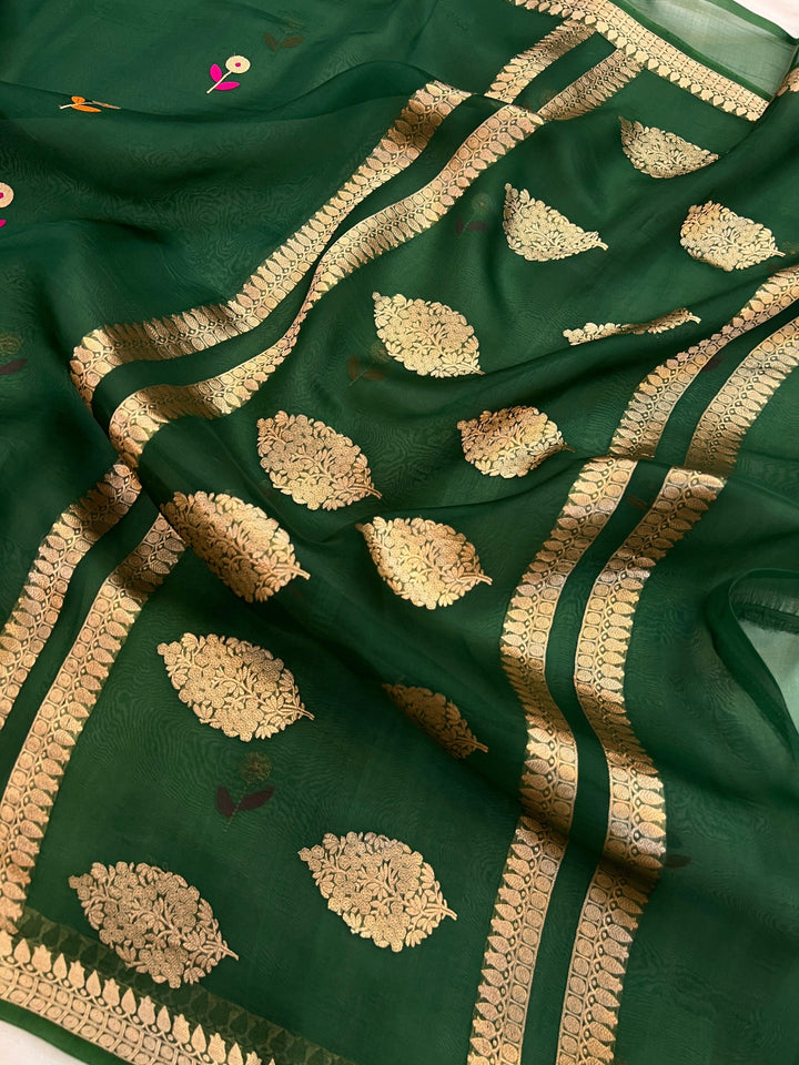 Bottle Green Pure Kora Silk Handloom Banarasi Saree