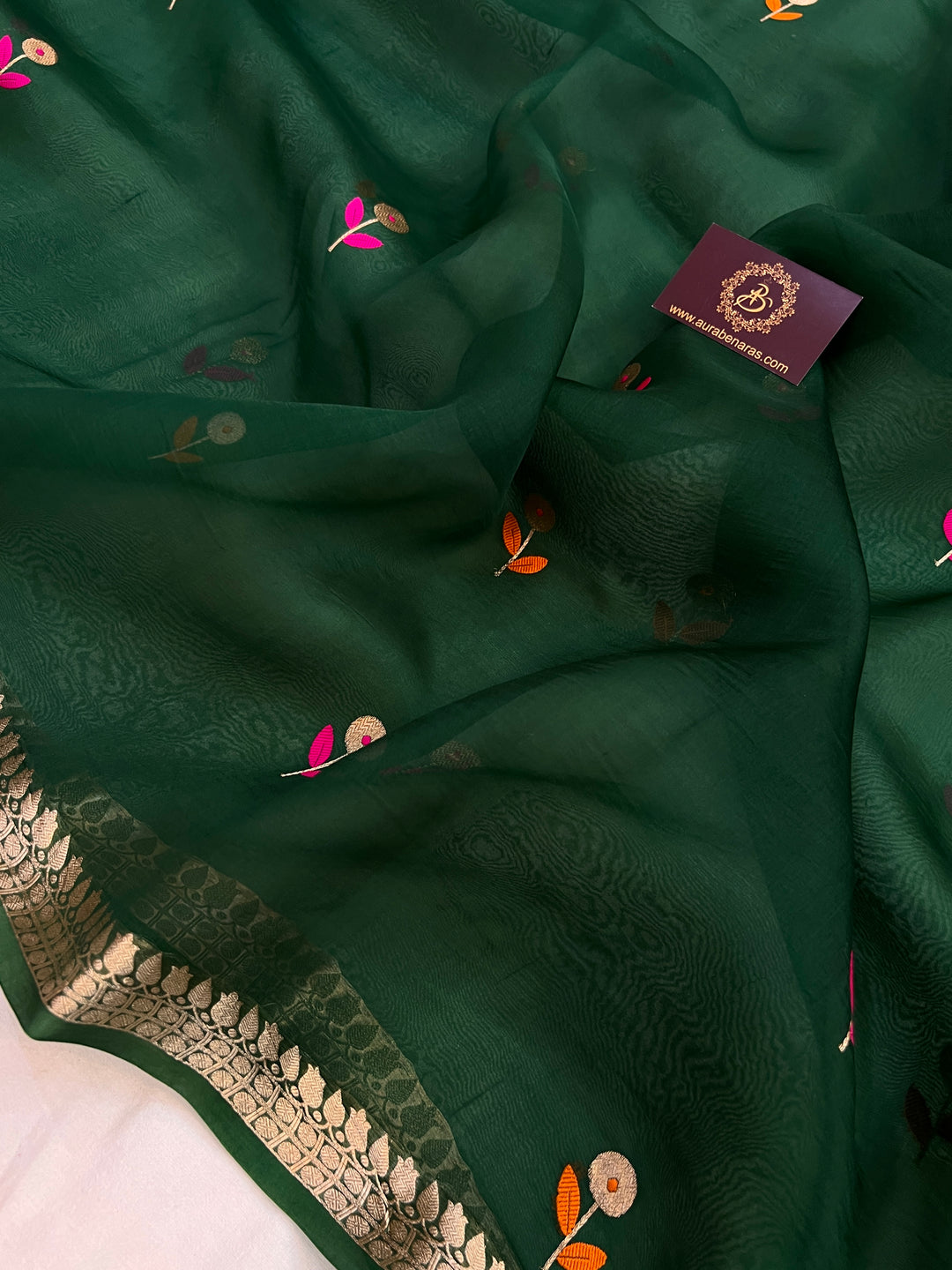 Bottle Green Pure Kora Silk Handloom Banarasi Saree