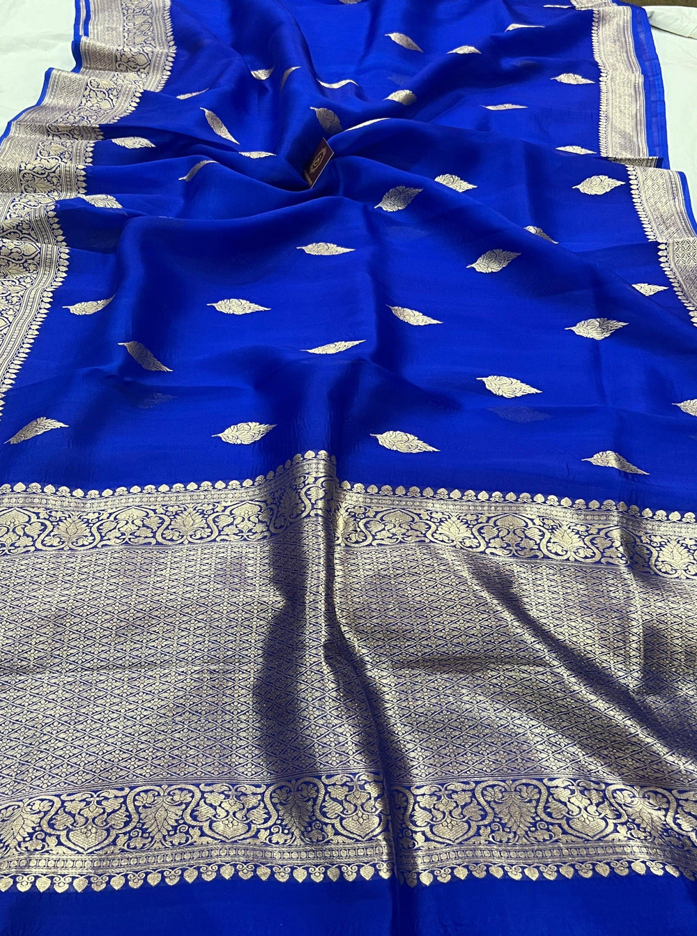 Royal Blue Banarasi Handloom Kora Silk Saree - Aura Benaras