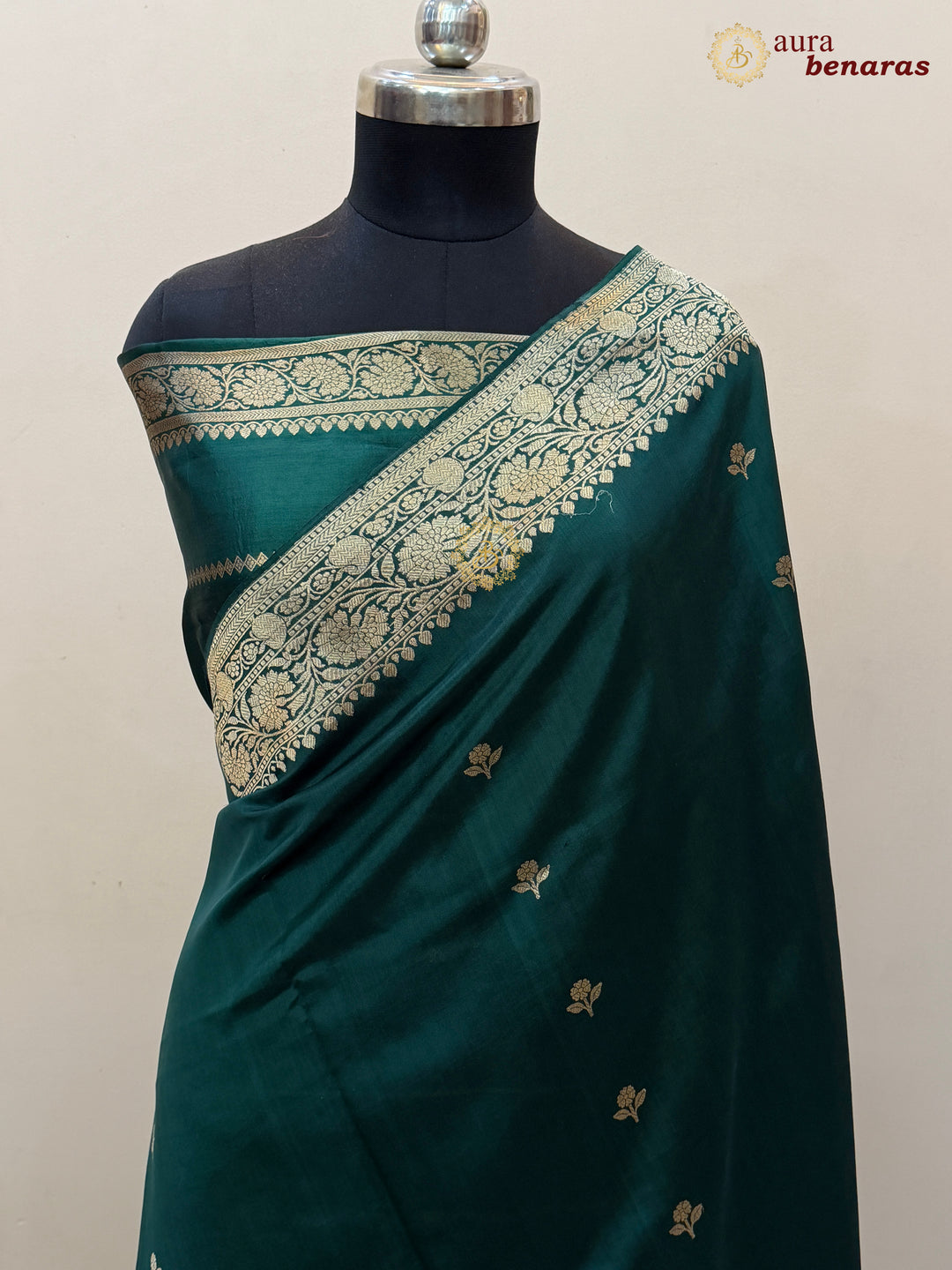 Bottle Green Pure Banarasi Handloom Silk Saree Aura Benaras