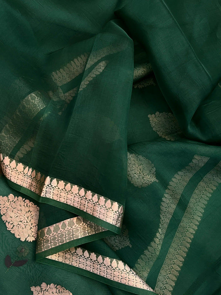Bottle Green Pure Kora Silk Handloom Banarasi Saree
