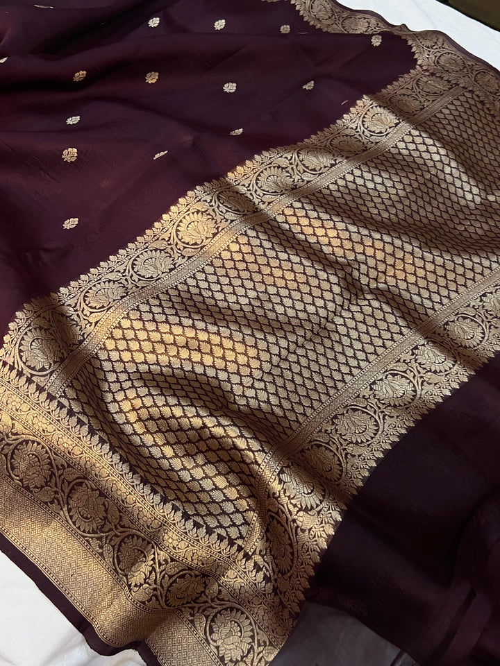 Brown Banarasi Handloom Kora Silk Saree - Aura Benaras