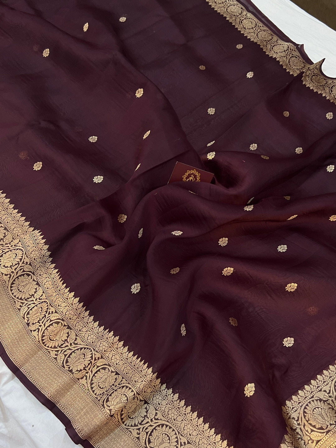 Brown Banarasi Handloom Kora Silk Saree - Aura Benaras