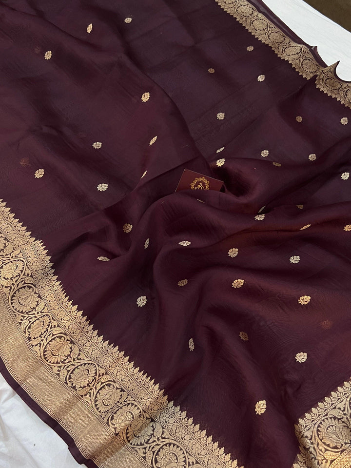 Brown Banarasi Handloom Kora Silk Saree - Aura Benaras