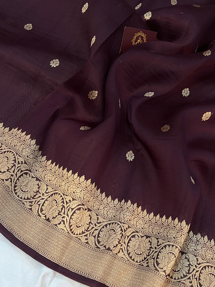 Brown Banarasi Handloom Kora Silk Saree - Aura Benaras