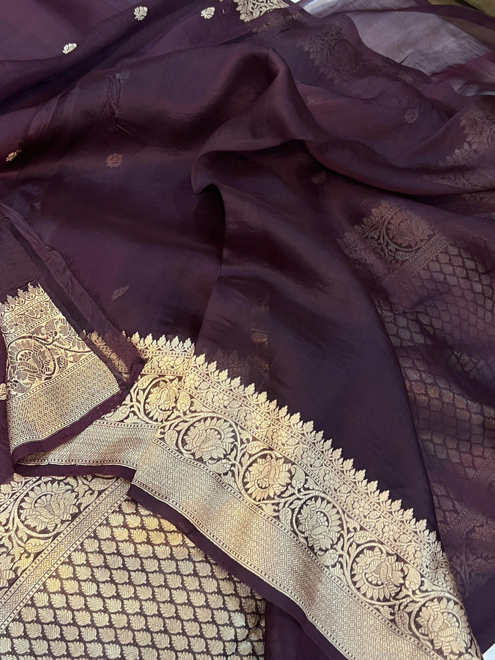 Brown Banarasi Handloom Kora Silk Saree - Aura Benaras
