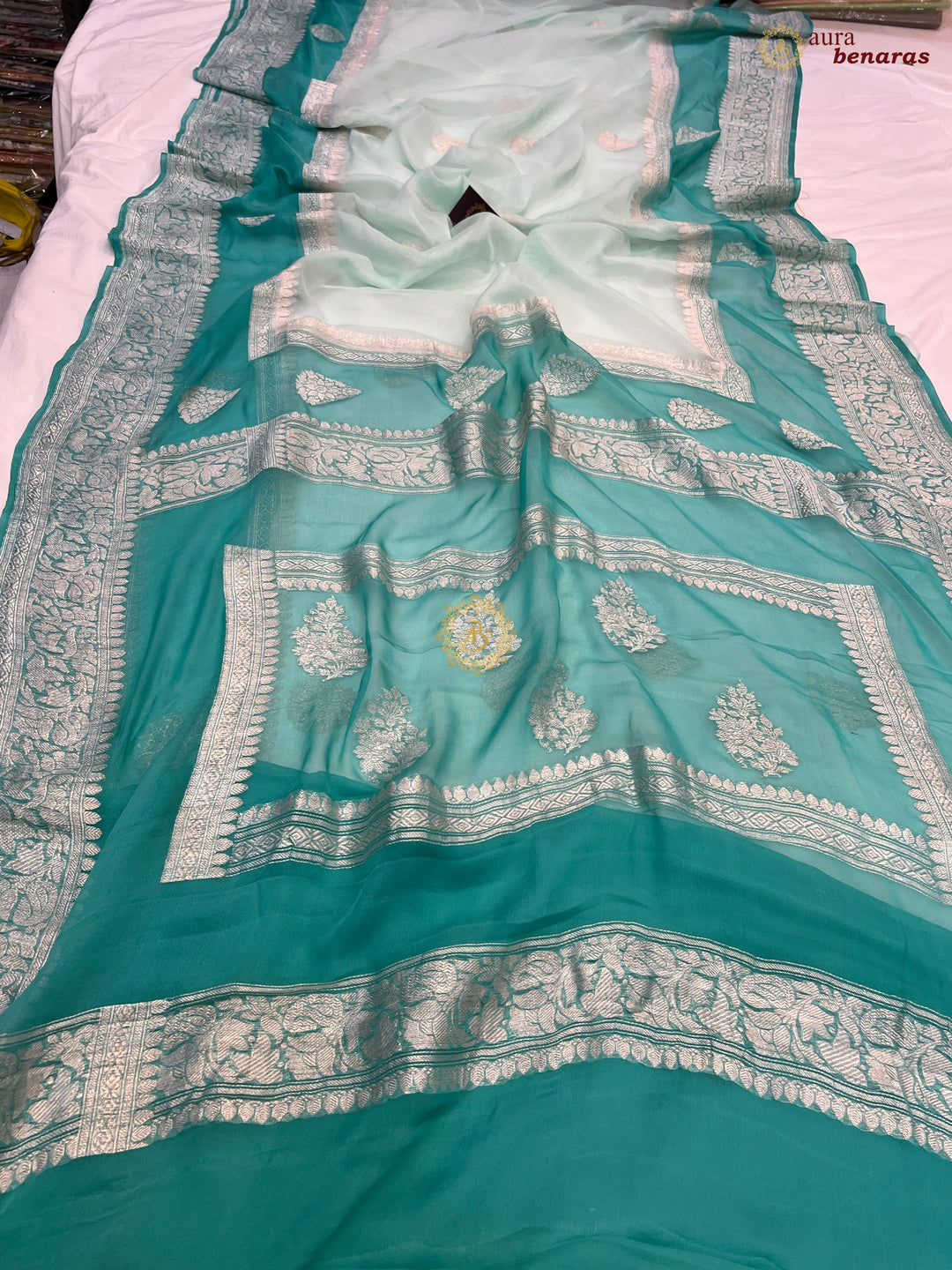 Mint Green Pure Banarasi Khaddi Chiffon Saree