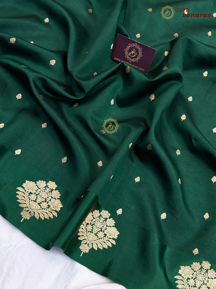 Bottle Green Pure Banarasi Handloom Silk Saree - Aura Benaras