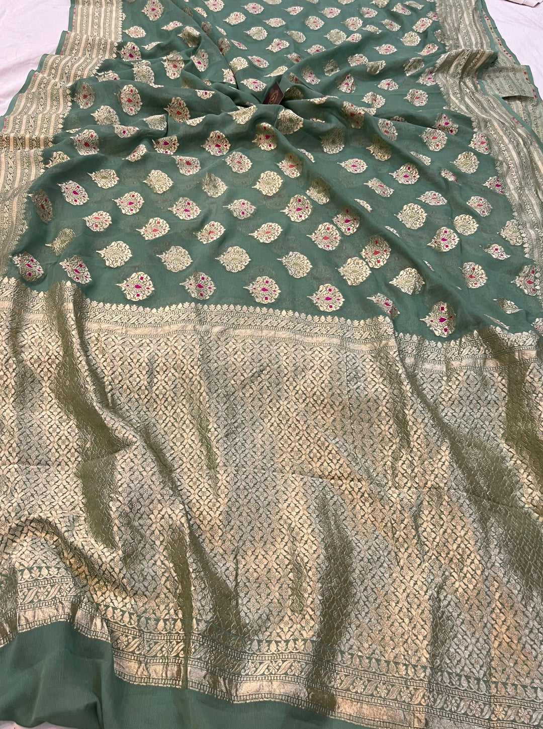 Dusky Green Banarasi Khaddi Georgette Saree - Aura Benaras