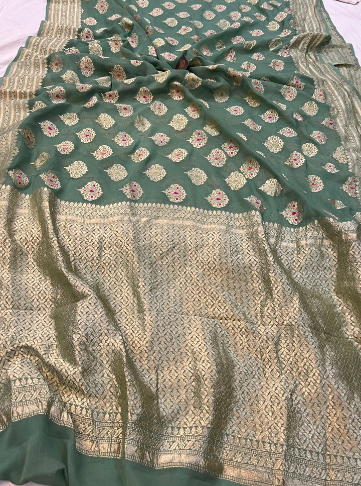 Dusky Green Banarasi Khaddi Georgette Saree - Aura Benaras