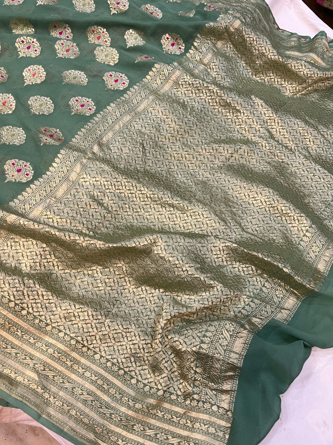 Dusky Green Banarasi Khaddi Georgette Saree - Aura Benaras