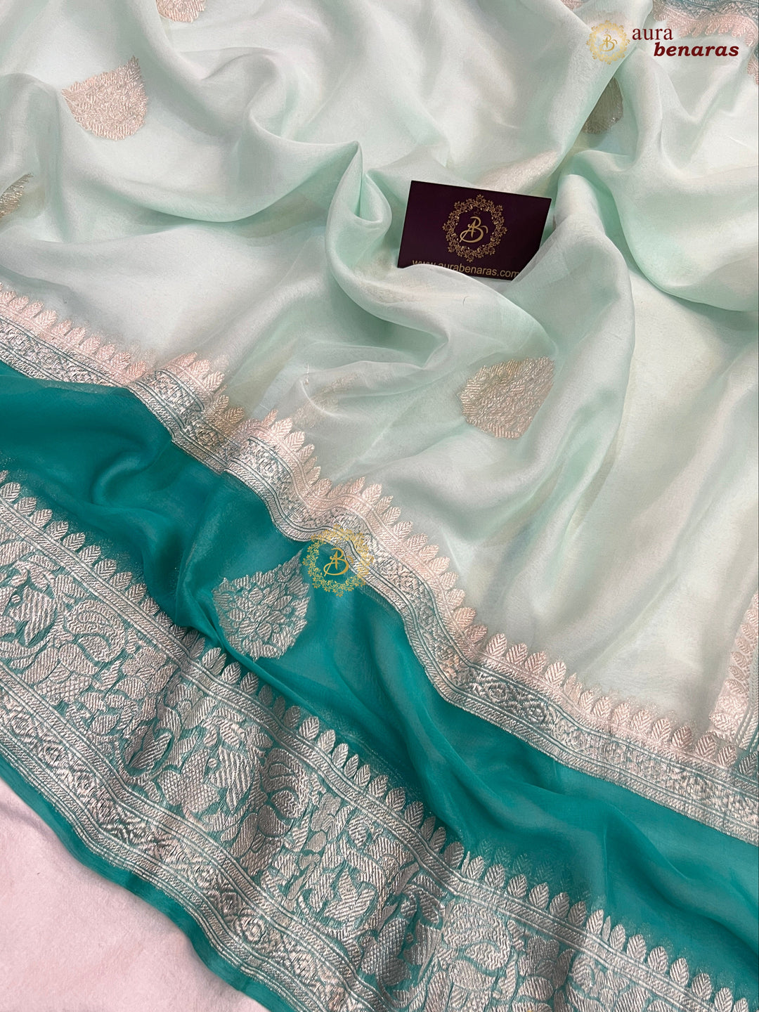 Mint Green Pure Banarasi Khaddi Chiffon Saree