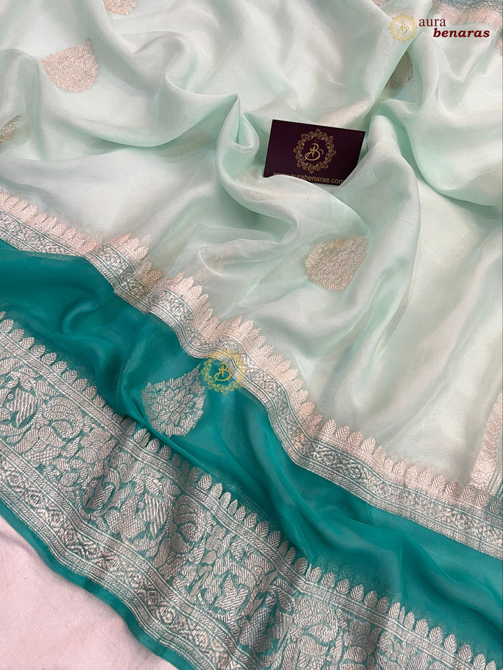 Mint Green Pure Banarasi Khaddi Chiffon Saree