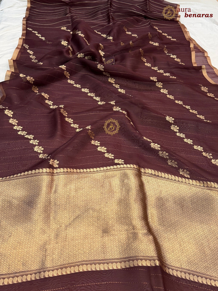 Brown Handloom Kora Silk Banarasi Saree with Kadhwa Weave