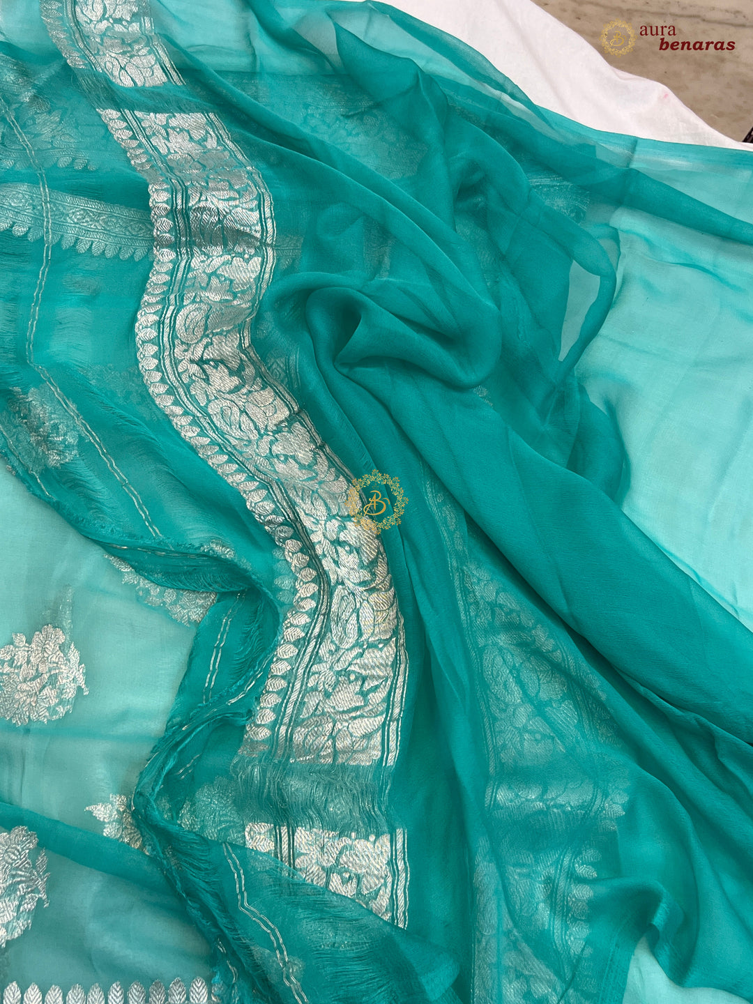 Mint Green Pure Banarasi Khaddi Chiffon Saree