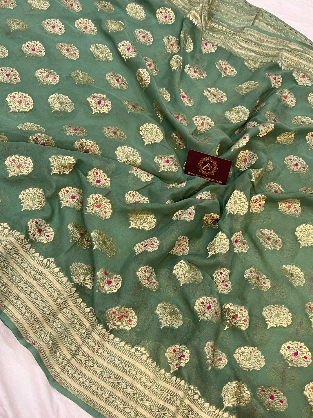 Dusky Green Banarasi Khaddi Georgette Saree - Aura Benaras