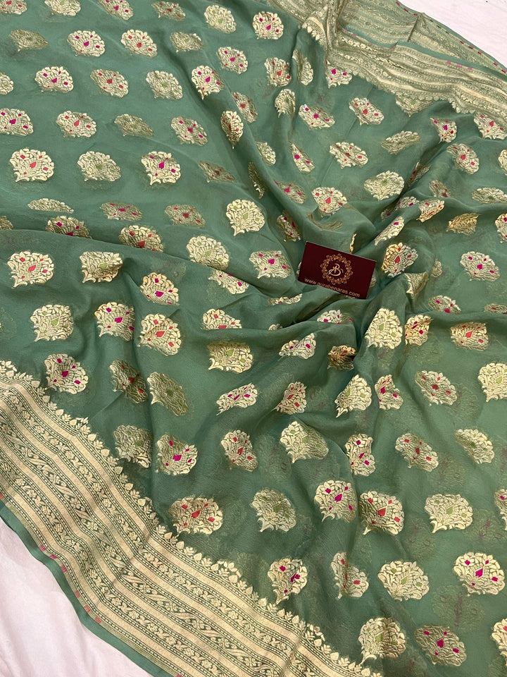 Dusky Green Banarasi Khaddi Georgette Saree - Aura Benaras
