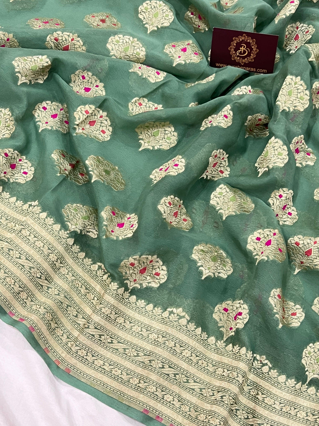 Dusky Green Banarasi Khaddi Georgette Saree - Aura Benaras