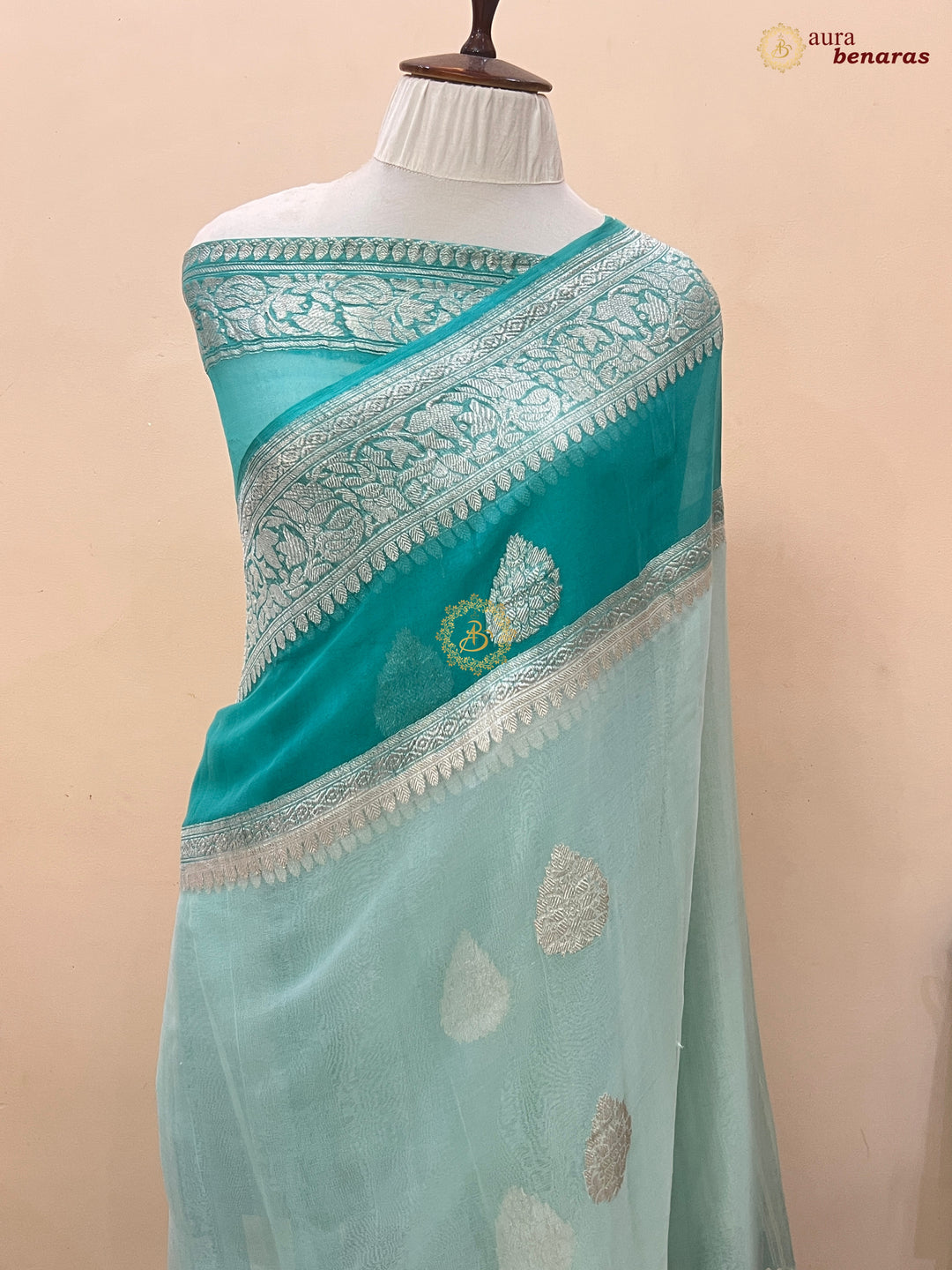 Mint Green Pure Banarasi Khaddi Chiffon Saree
