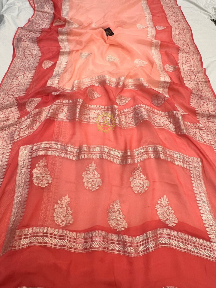 Light Peach With Dark Peach Contrast Pure Khaddi Chiffon Banarasi Saree with Kadhwa Silver Zari