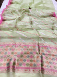 Pista Green Rangkaat Banarasi Handloom Kora Silk Saree - Aura Benaras