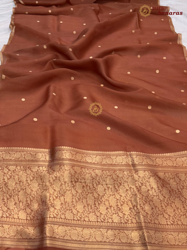 Earthy Orange Kora Silk Banarasi Saree – Kadhwa Butis in Zari