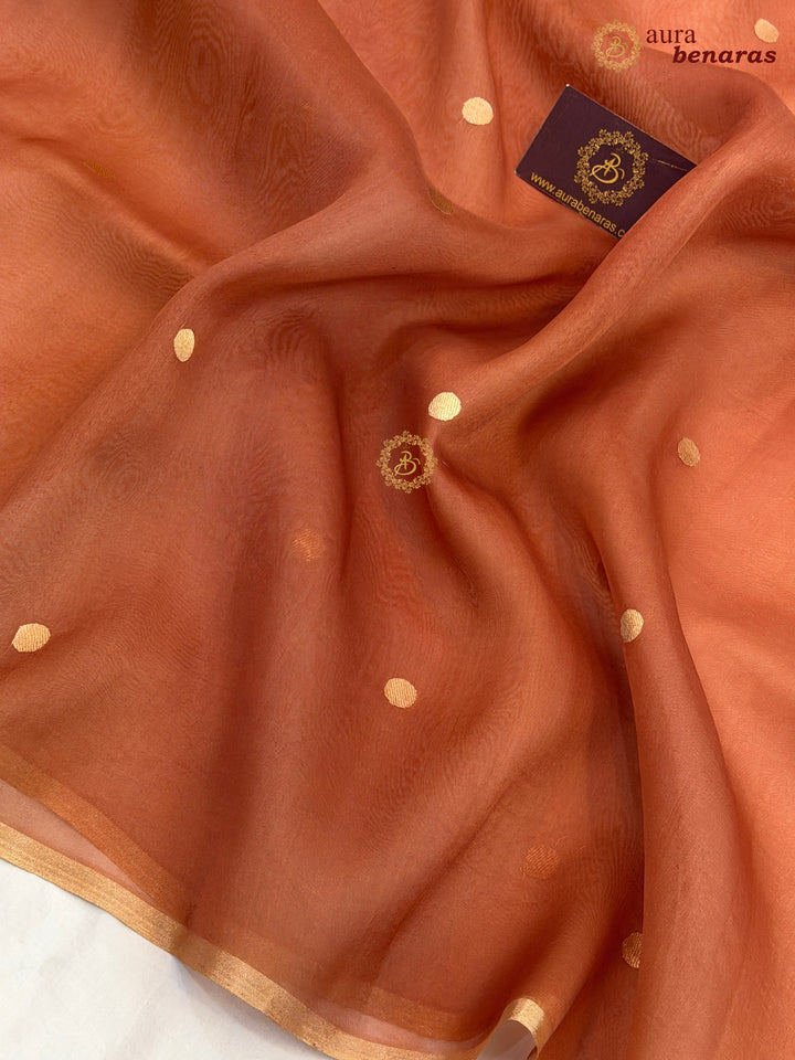 Earthy Orange Kora Silk Banarasi Saree – Kadhwa Butis in Zari