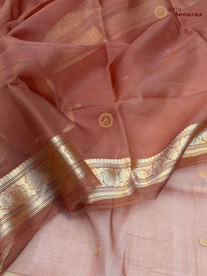 Earthy Orange Kora Silk Banarasi Saree – Kadhwa Butis in Zari