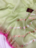 Pista Green Rangkaat Banarasi Handloom Kora Silk Saree - Aura Benaras