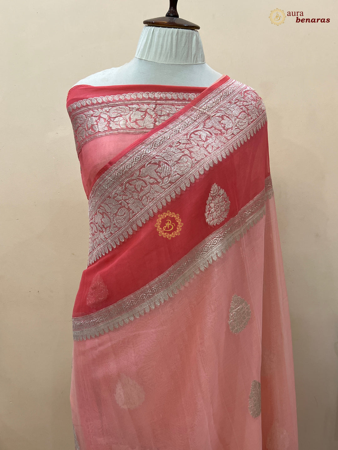 Light Peach With Dark Peach Contrast Pure Khaddi Chiffon Banarasi Saree with Kadhwa Silver Zari