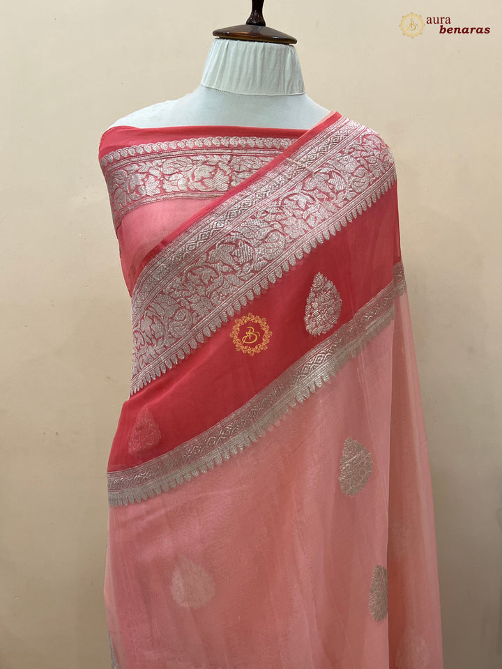 Light Peach With Dark Peach Contrast Pure Khaddi Chiffon Banarasi Saree with Kadhwa Silver Zari