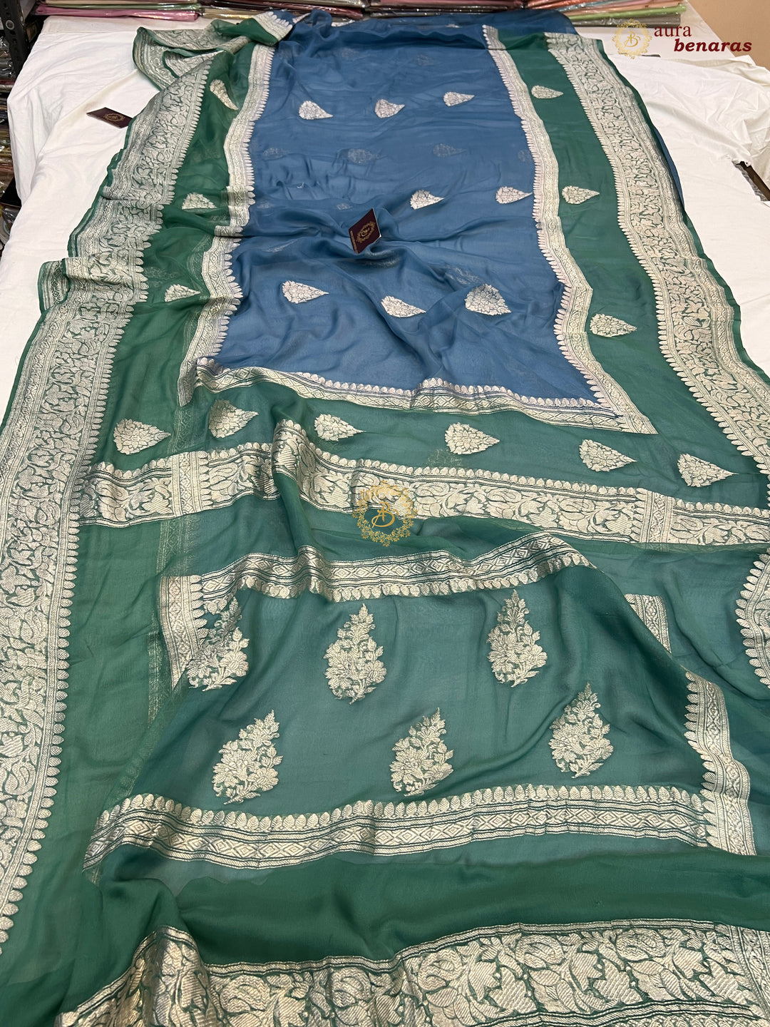 Bluish Gray With Sage Green Pure Khaddi Chiffon Banarasi Saree with Kadhwa Silver Zari