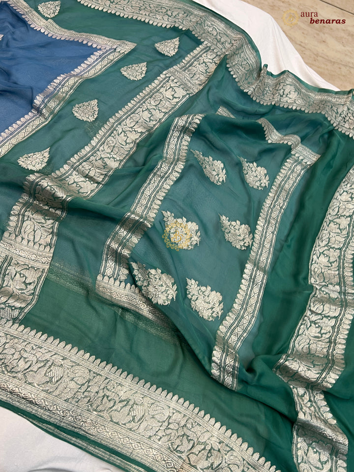 Bluish Gray With Sage Green Pure Khaddi Chiffon Banarasi Saree with Kadhwa Silver Zari