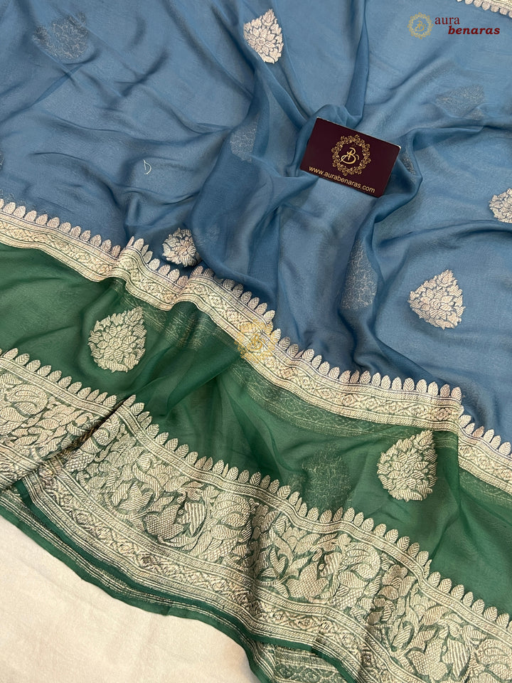 Bluish Gray With Sage Green Pure Khaddi Chiffon Banarasi Saree with Kadhwa Silver Zari