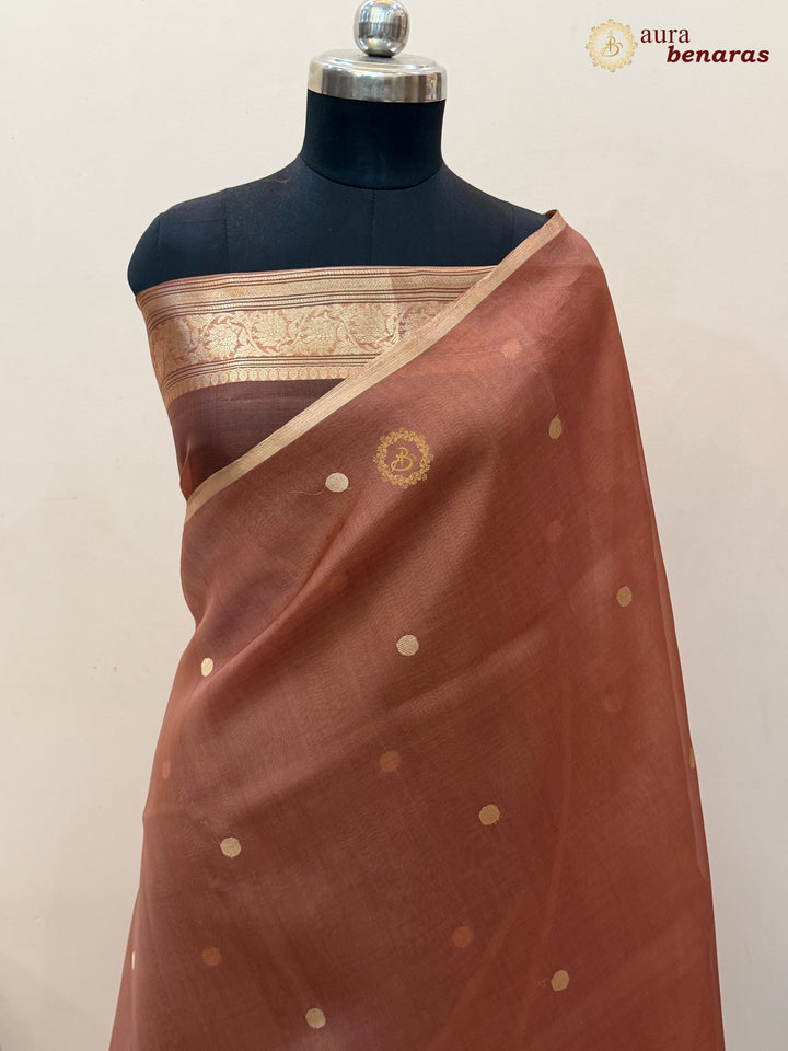 Earthy Orange Kora Silk Banarasi Saree – Kadhwa Butis in Zari