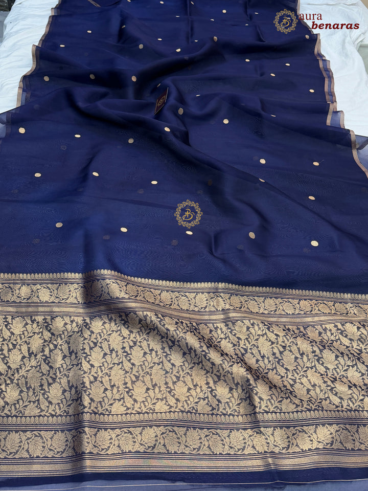 Mid Night Blue Kora Silk Banarasi Saree – Kadhwa Butis in Zari