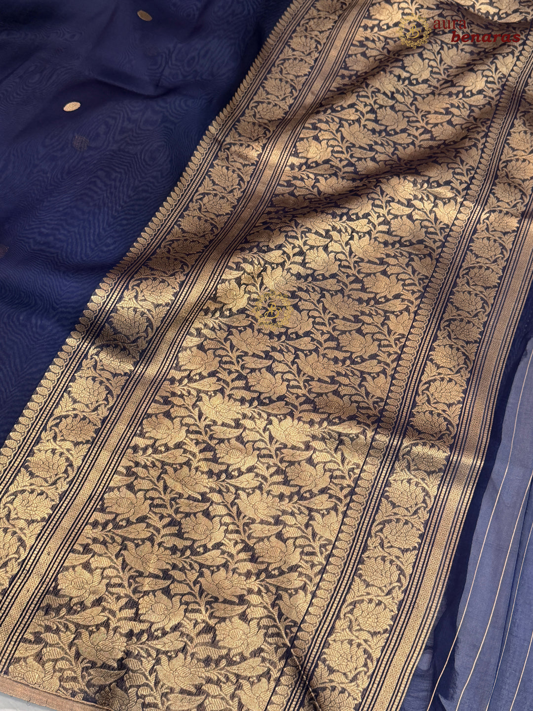 Mid Night Blue Kora Silk Banarasi Saree – Kadhwa Butis in Zari