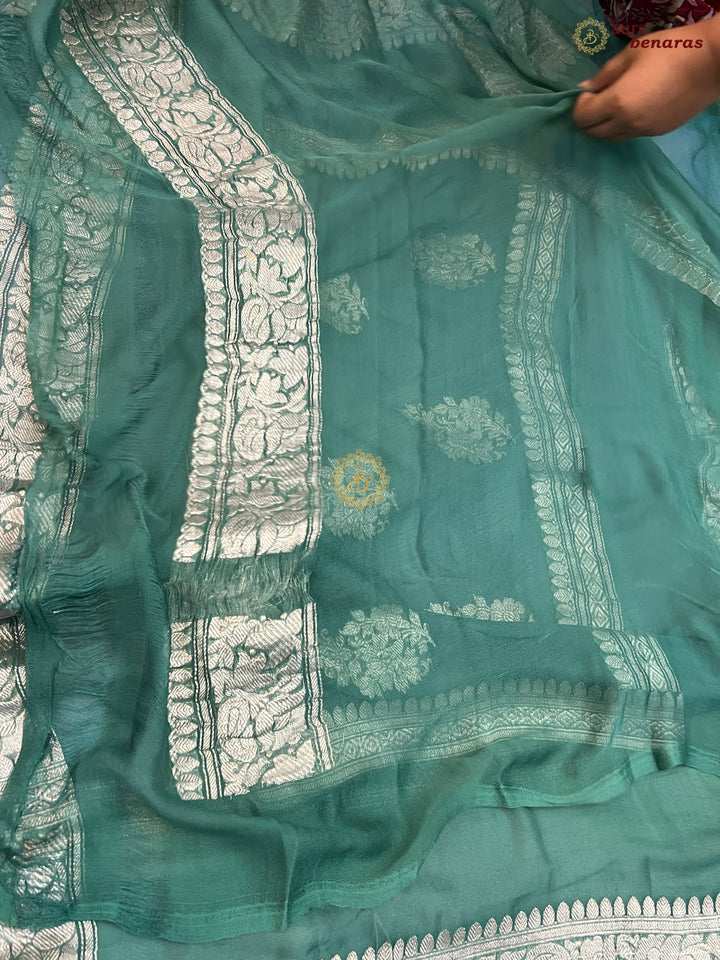 Bluish Gray With Sage Green Pure Khaddi Chiffon Banarasi Saree with Kadhwa Silver Zari