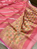 Strawberry Pink Rangkaat Banarasi Handloom Kora Silk Saree - Aura Benaras