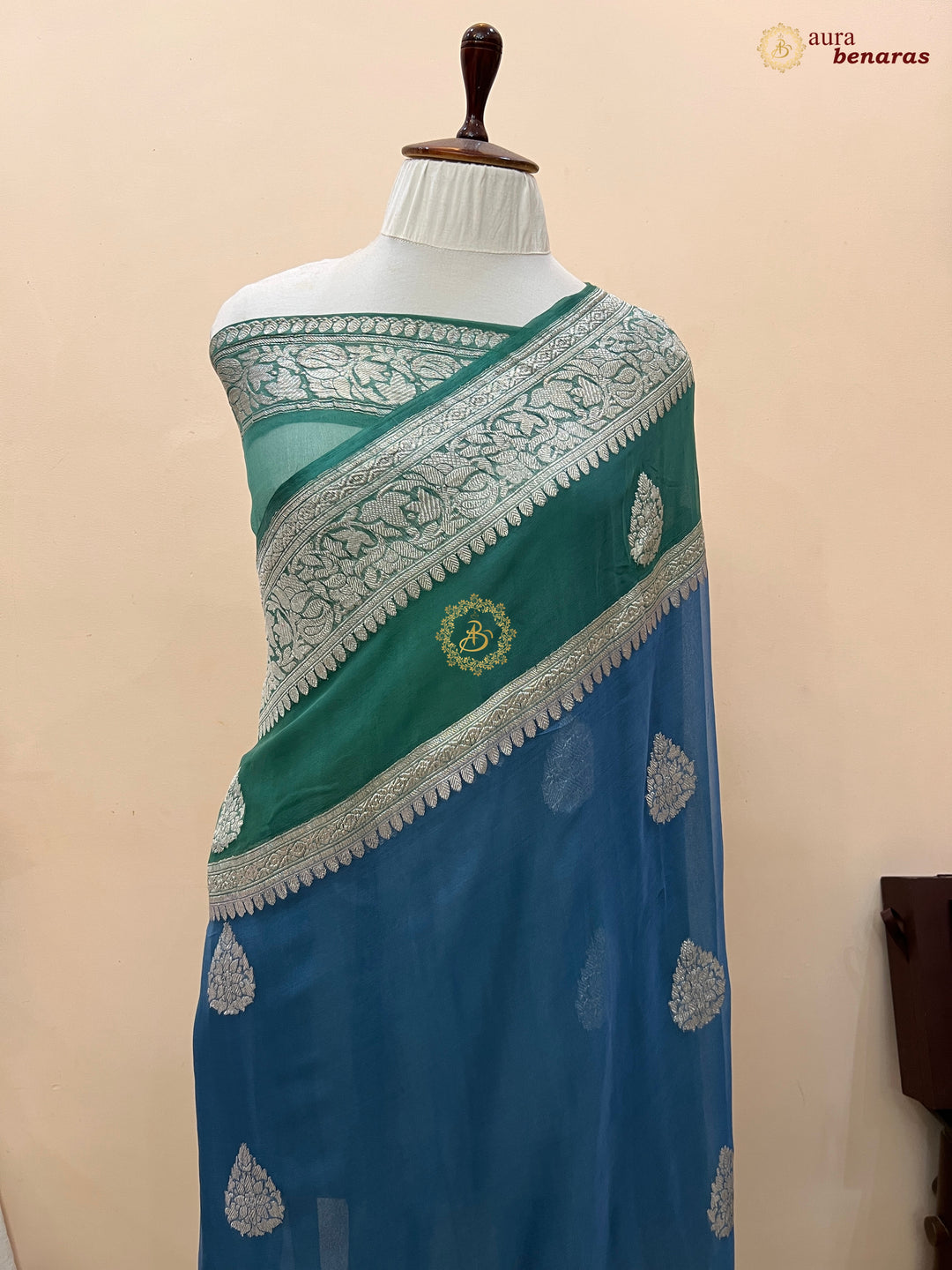 Bluish Gray With Sage Green Pure Khaddi Chiffon Banarasi Saree with Kadhwa Silver Zari