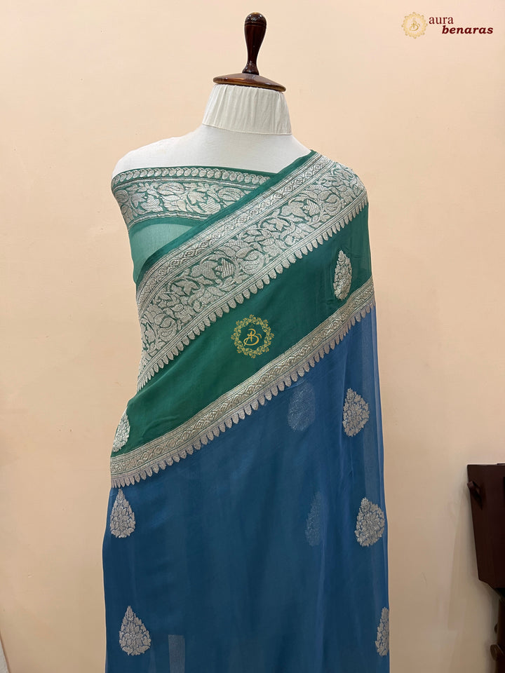 Bluish Gray With Sage Green Pure Khaddi Chiffon Banarasi Saree with Kadhwa Silver Zari